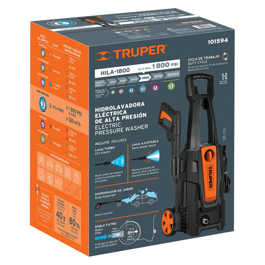 Hidrolavadora Eléctrica 1800 PSI 220V de Alta Presión para Auto, Patio y Hogar