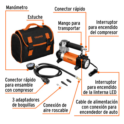 Inflador Compresor de Aire Portátil para Auto 12V con Linterna LED