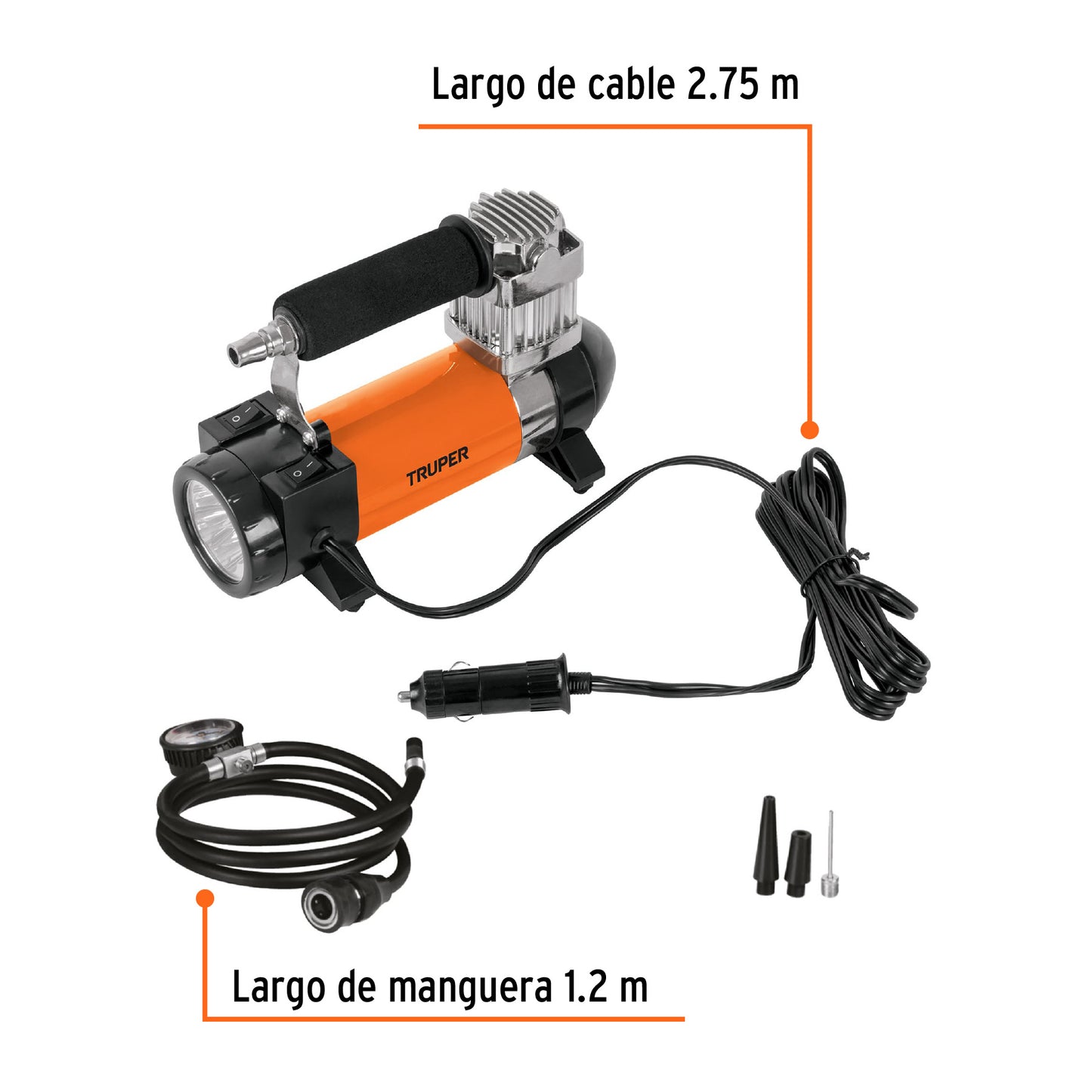 Inflador Compresor de Aire Portátil para Auto 12V con Linterna LED