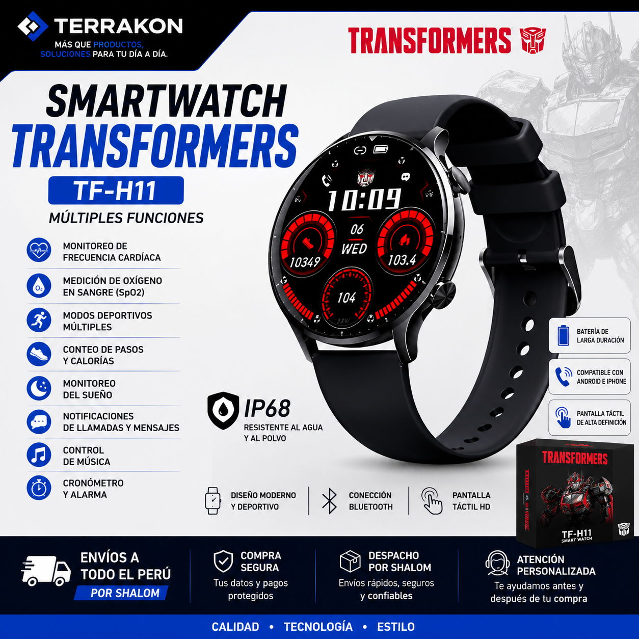 Smartwatch Transformers TF-H11 IP68 | Múltiples Funciones, Bluetooth y Diseño Deportivo