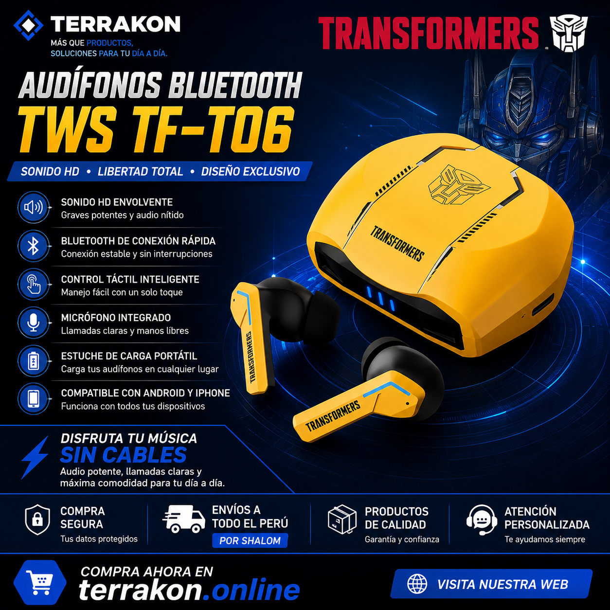 Audífonos Bluetooth TWS Transformers TF-T06 | Sonido HD, Control Táctil y Estuche de Carga