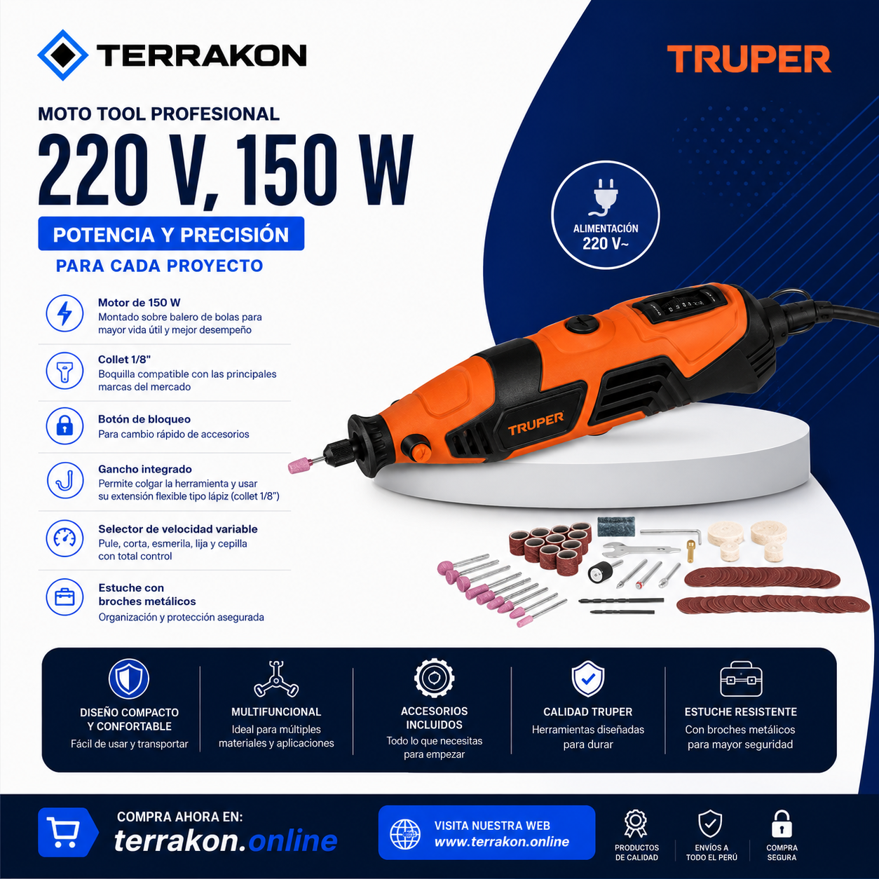 Moto Tool Profesional TRUPER 220V 150W con 100 Accesorios y Estuche | Herramienta Multifunción