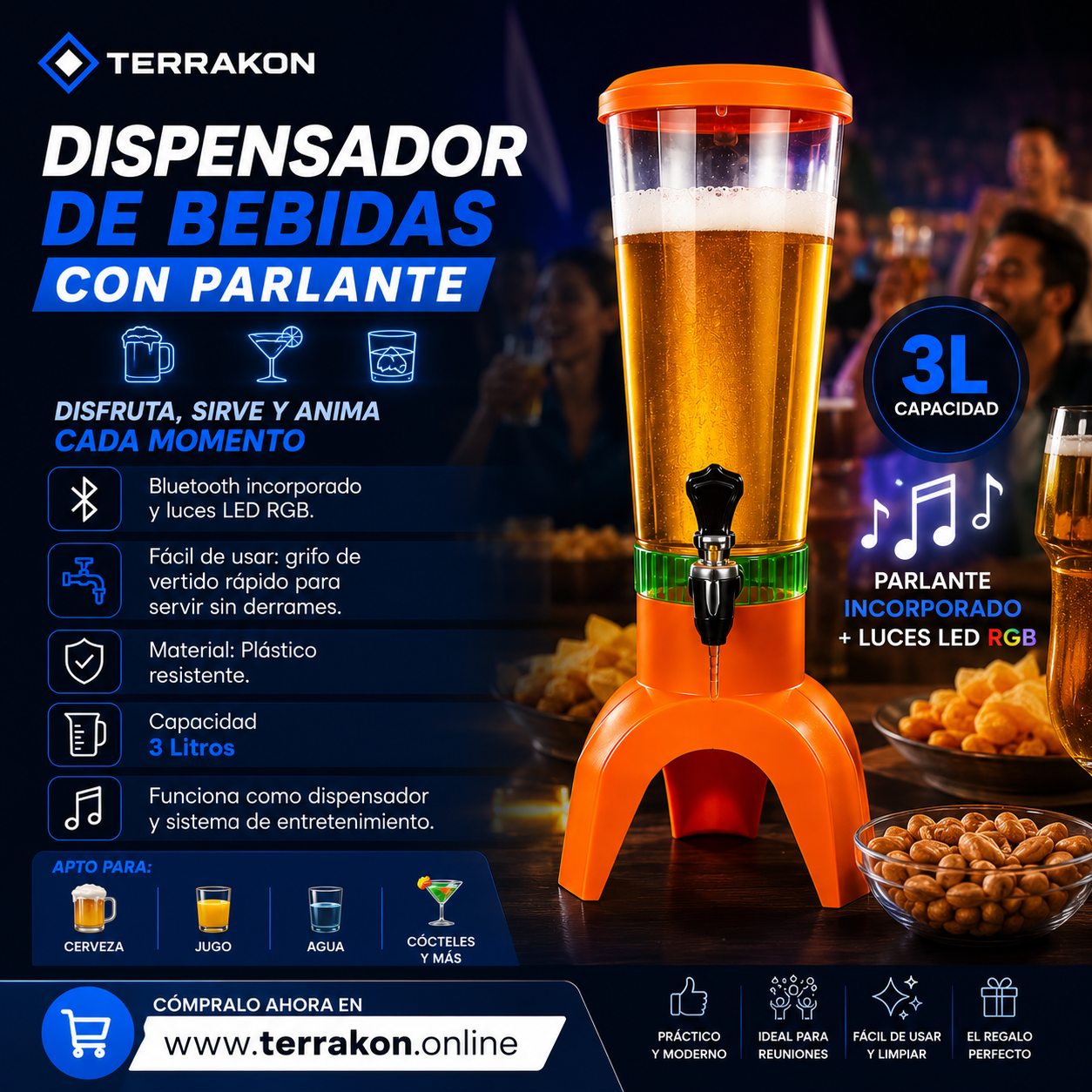 Dispensador de Bebidas 3L con Parlante Bluetooth y Luces LED RGB