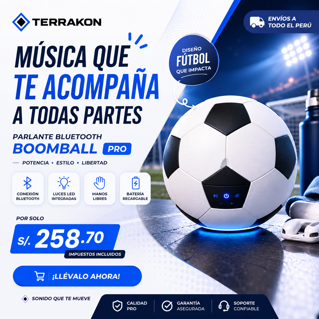 Parlante Bluetooth Modelo Pelota BoomBall Portátil Calidad Pro con Luces LED y Manos Libres