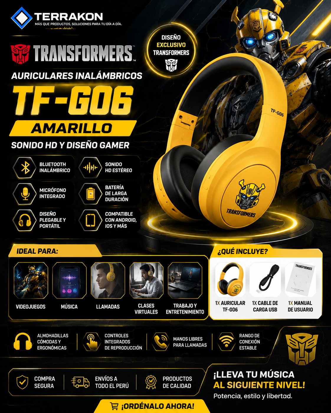 Auriculares Inalámbricos Bluetooth Transformers TF-G06 Amarillo | Sonido HD y Diseño Gamer