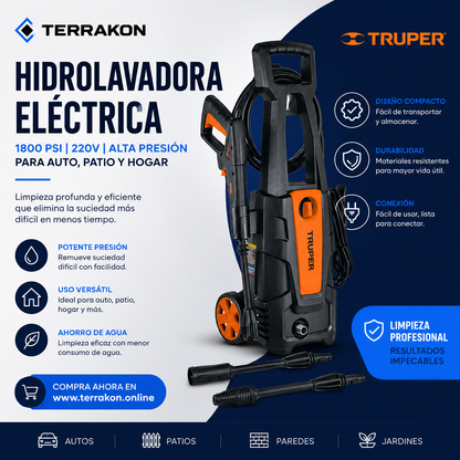 Hidrolavadora Eléctrica 1800 PSI 220V de Alta Presión para Auto, Patio y Hogar