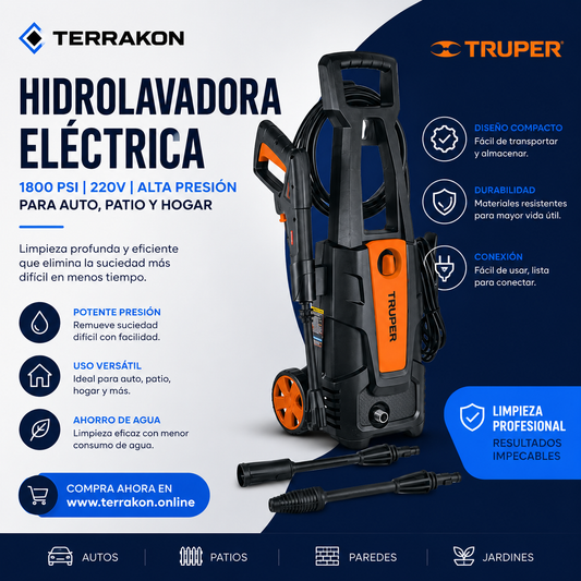 Hidrolavadora Eléctrica 1800 PSI 220V de Alta Presión para Auto, Patio y Hogar