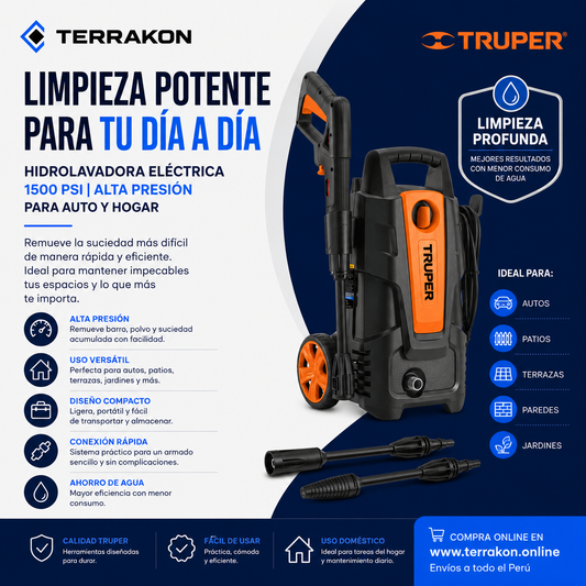 Hidrolavadora Eléctrica 1500 PSI de Alta Presión para Auto y Hogar