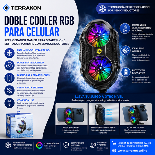 Doble Cooler para Celular RGB | Refrigerador Gamer para Smartphone | Enfriador Portátil con Semiconductores
