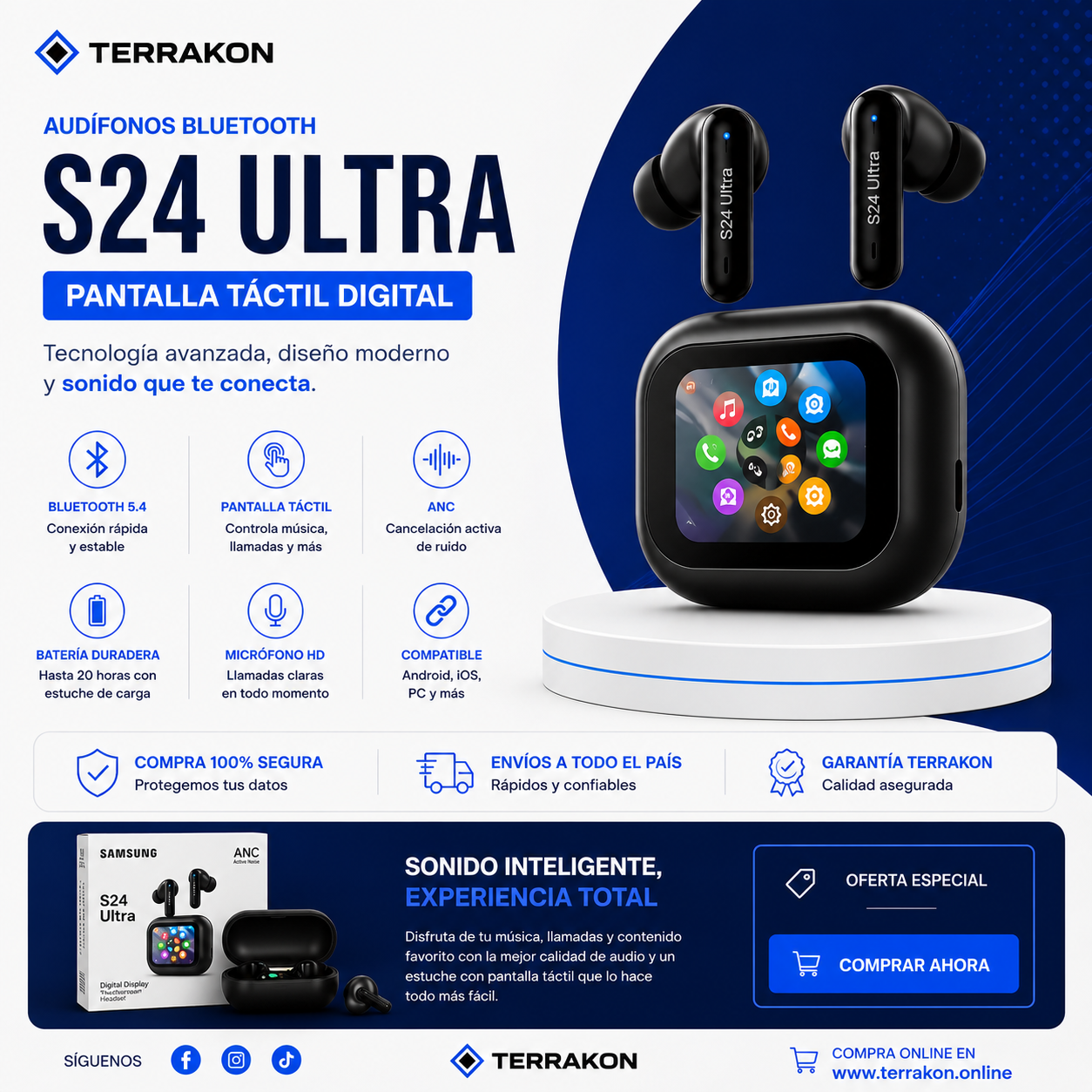 Audífonos Bluetooth S24 Ultra Pantalla Táctil Digital LCD ANC Bluetooth 5.4 Recargables