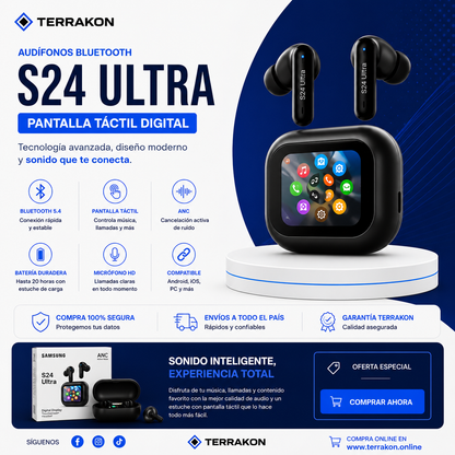 Audífonos Bluetooth S24 Ultra Pantalla Táctil Digital LCD ANC Bluetooth 5.4 Recargables