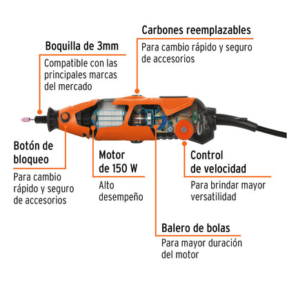 Moto Tool Profesional TRUPER 220V 150W con 100 Accesorios y Estuche | Herramienta Multifunción
