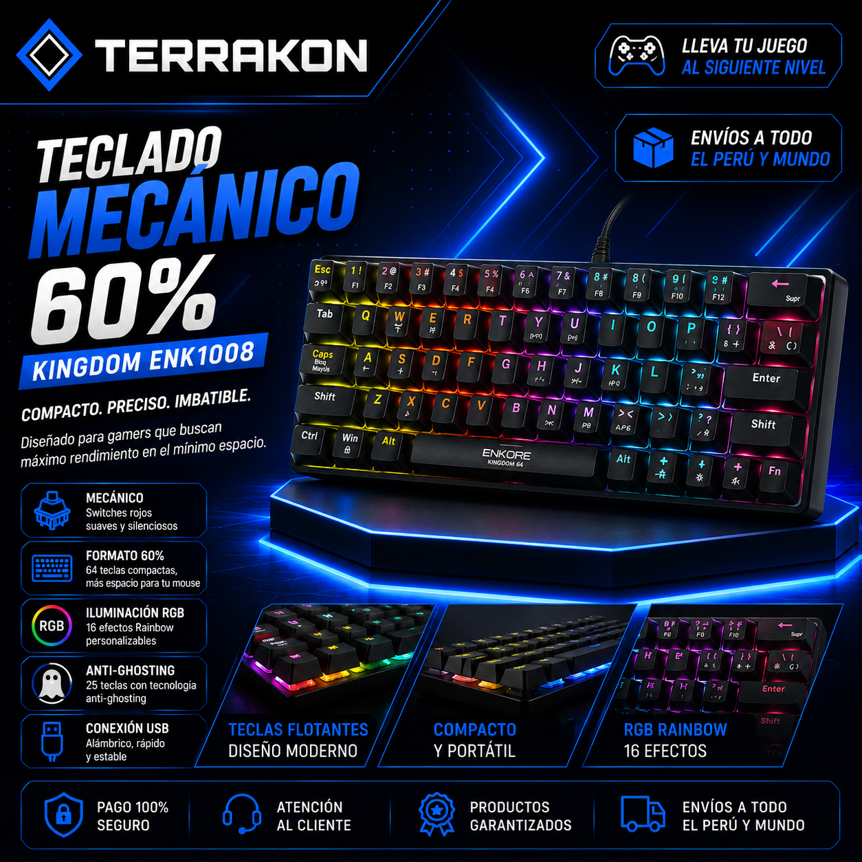 Teclado Mecánico Gamer 60% Enkore Kingdom ENK1008 RGB USB - 64 Teclas