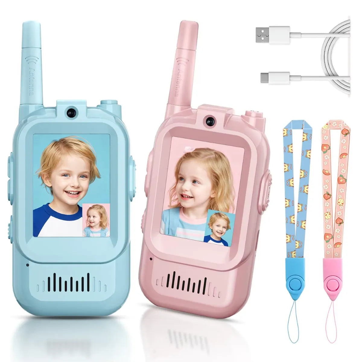 Walkie Talkie para Niños con Cámara y Pantalla Recargable USB Largo Alcance