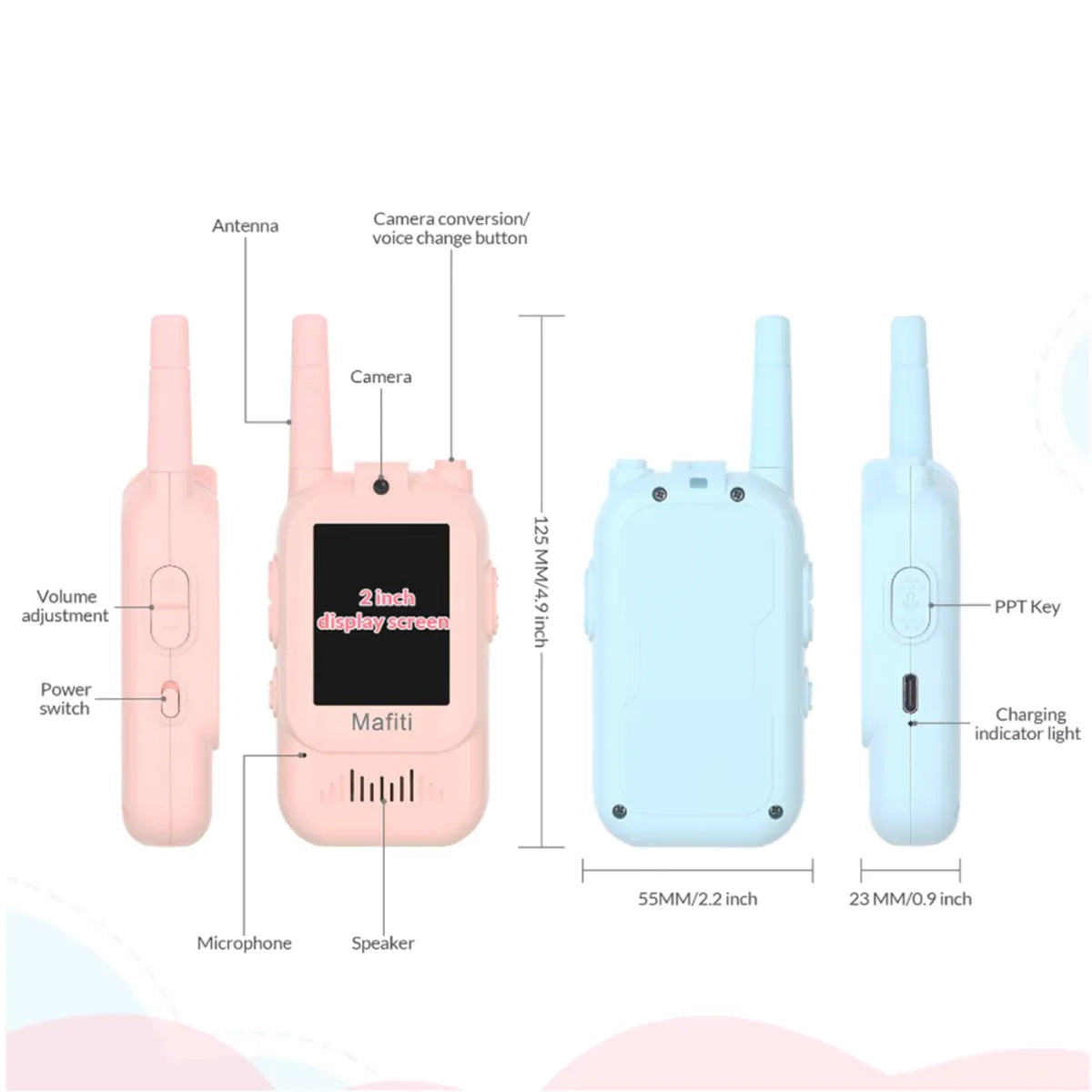 Walkie Talkie para Niños con Cámara y Pantalla Recargable USB Largo Alcance