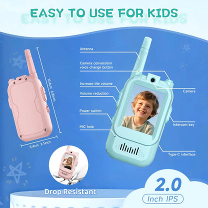 Walkie Talkie para Niños con Cámara y Pantalla Recargable USB Largo Alcance